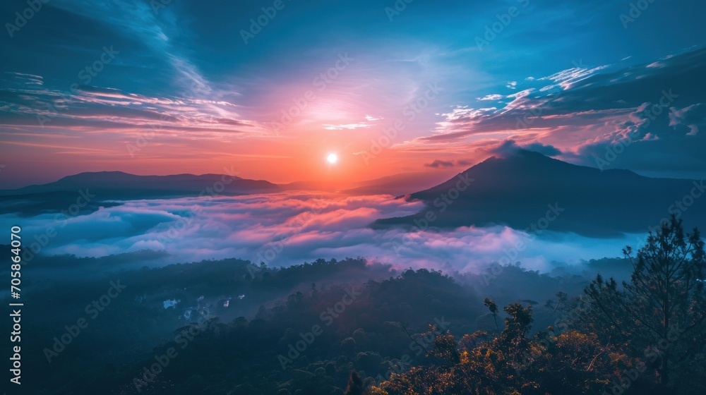 Poster the sun is setting over a foggy mountain range in the distance, with a few clouds in the foreground 