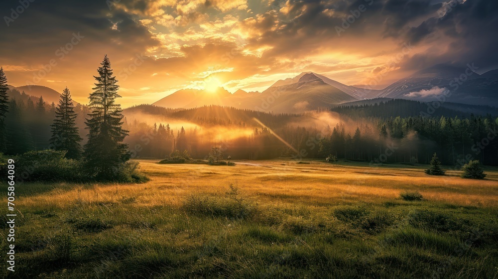 Poster a grassy field with trees and a mountain in the background with the sun shining through the clouds i