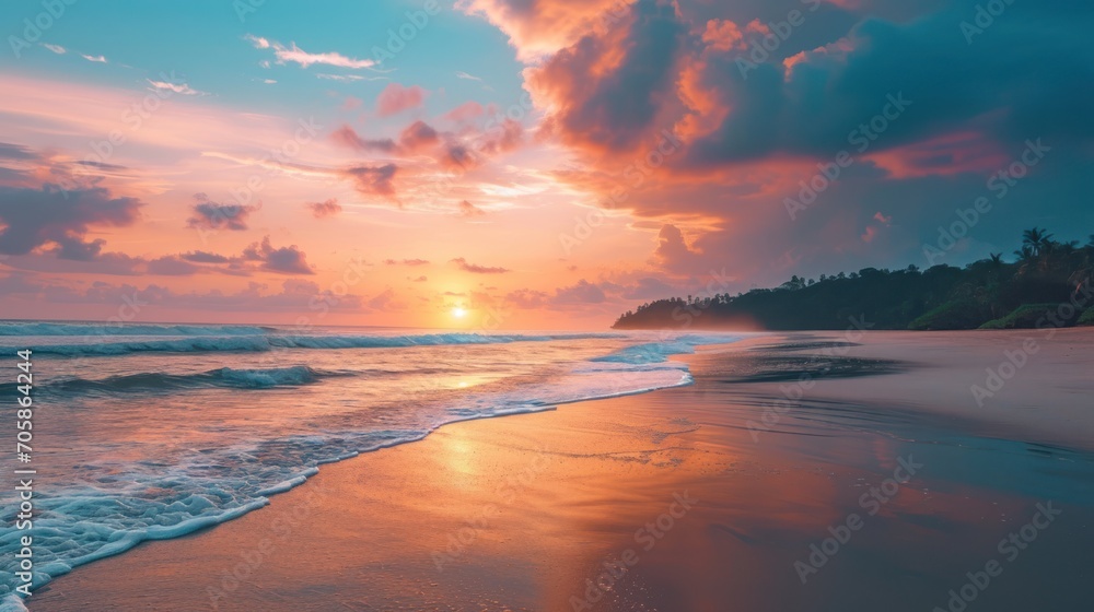 Poster the sun is setting over a beach with waves coming in and out of the water and trees on the other sid