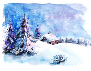 Winter landscape using sketching technique with fir trees and house