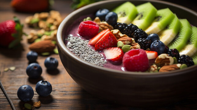 A vegan smoothie bowl topped with nuts seeds and fresh berries representing a nutrient-dense meal option.