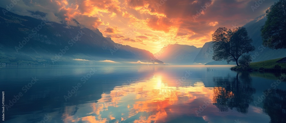 Poster a large body of water with a tree in the foreground and a mountain range in the background with clou