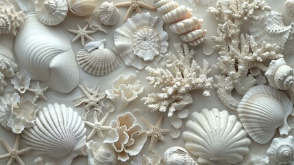 A collage of white seashells, coral, and sand dollars forming an intricate and coastal-inspired background for the designer's banner work. [Coastal collage]