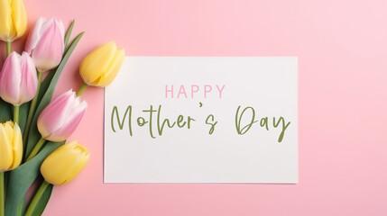 Happy Mother's Day celebration holiday greeting card with text - Pink and yellow tulips and white rectangular paper note frame on pink table texture background
