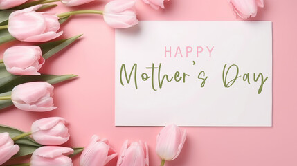 Happy Mother's Day celebration holiday greeting card with text - Pink tulips and white rectangular paper note frame on pink table texture background