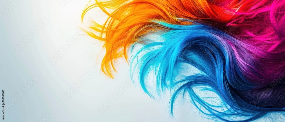 Poster a close up of a multicolored hair on a white background with a blurry image of the top part of the h