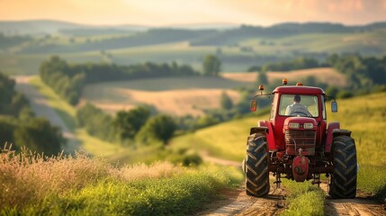 Obraz premium A farmer driving a vintage tractor, adding a touch of nostalgia to the picturesque rural landscape. [Vintage tractor charm]