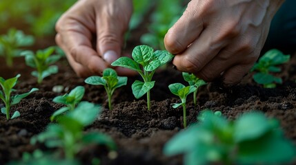 A close-up of a farmer's hands carefully planting young seedlings in the rich, dark soil. [Seedling planting care]
