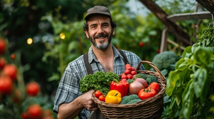 A farmer proudly holding a basket filled with a variety of freshly picked organic fruits and vegetables. 
