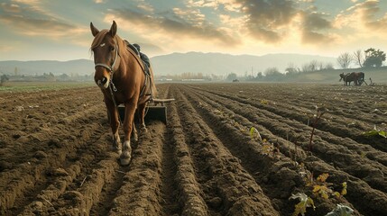 A farmer leading a horse-drawn plow through a field, showcasing traditional and sustainable farming methods. [Horse-drawn plowing] - obrazy, fototapety, plakaty