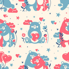 Funny and adorable seamless pattern with doodle cartoon bears and hearts. Animal kids backdrop for fabric, wrap paper, tile decoration. Limited pink and blue pallet.