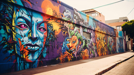 A vibrant street art scene in a bustling South American city.