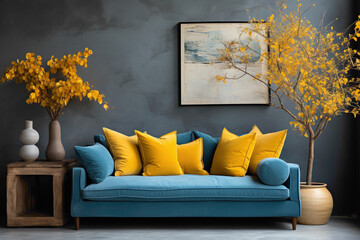 Picture a close-up of a minimalist haven in a modern living room, featuring a sofa with a blue cushion and yellow pillows against a refined concrete wall. 
