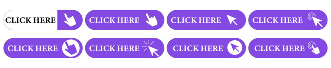 Click Here Web Button Set Button With Pointer Click. Clicking the Icon. Click Action button Click Cursor Click Here. Vector illustration