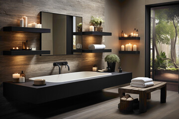 Picture a minimalist bathroom design with an elegant ebony and ivory color palette, emphasizing the beauty of simplicity.