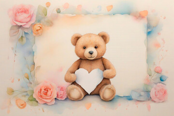 Background for a congratulatory letter , delicate watercolor in the form of a frame of flowers with a teddy bear.