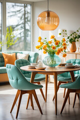 Picture a modern dining room with a touch of vibrancy in its Scandinavian home interior design. 