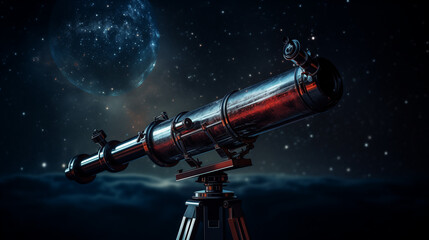 A high-quality photo visually captures a telescope unveiling distant galaxies and stars in the night sky, offering a glimpse into the profound mysteries and celestial splendor beyond our earthly realm