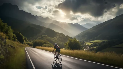 Ingelijste posters A photo captures a cyclist racing through mountainous terrain against a breathtaking natural backdrop, blending the thrill of the race with the beauty of the landscape. © Виталий Зубченко