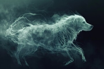 Ghostly Dog, A translucent, ghostly dog with ethereal glow, able to pass through objects - obrazy, fototapety, plakaty