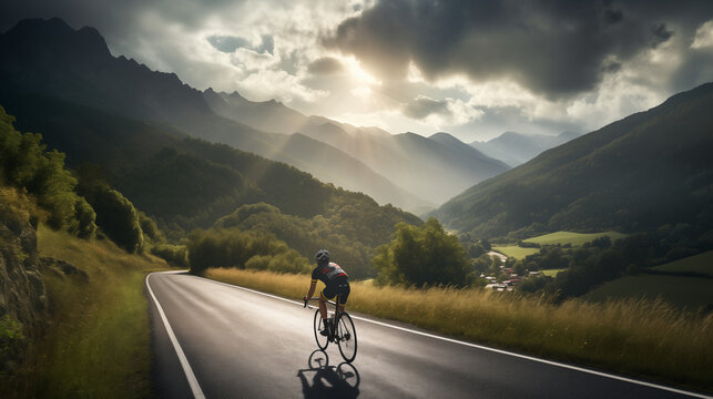 A photo captures a cyclist racing through mountainous terrain against a breathtaking natural backdrop, blending the thrill of the race with the beauty of the landscape.