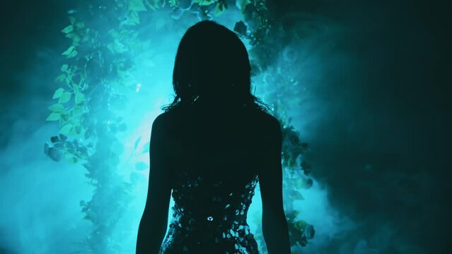 dark silhouette fantasy woman goes to bright magical divine blue moon light ray in black night garden glow, fog portal arch flowers. Mystery lady Gothic Girl princess in smoke. vampire back rear view