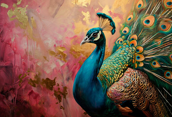 Peacock. Oil paint on canvas. Interior painting. Beautiful background. Generative AI.