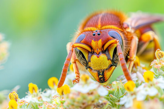Hornet foraging, a captivating image featuring a hornet engaged in foraging activities on flowers.