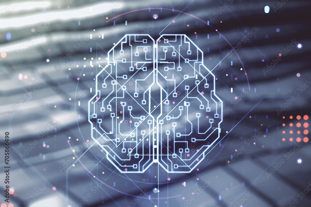 Aufkleber double exposure of creative artificial intelligence interface on blurry metal background. neural net