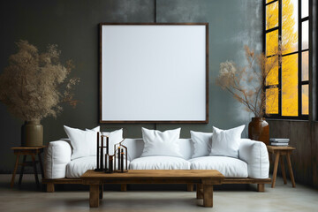 Picture an inviting space with a white sofa and a matching table, harmonizing with an absolutely empty blank frame, awaiting your text to fill the void.