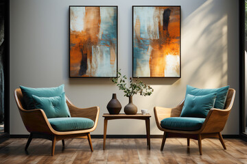 Picture the harmony of brown and teal chairs in a minimalist setting. Envision an empty frame on the wall, providing a perfect space for your creative expressions in this simple and chic environment.