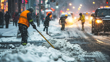 Snow removal in the city, with a focus on a worker in a reflective jacket shovelling snow off the road in a snowstorm, public service of maintaining clear streets. - obrazy, fototapety, plakaty