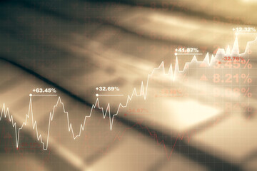 Double exposure of abstract creative financial chart hologram on blurry metal background, research and strategy concept