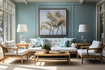 Fototapeta na wymiar Picture the simplicity of a living room adorned with light blue and aqua sofas surrounding a wooden table.
