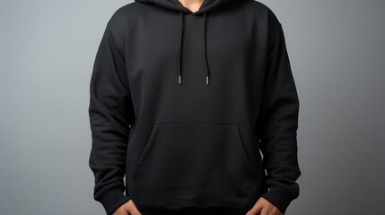 Black hoodie mockup template, front view of man in black hoodie, isolated on white wall