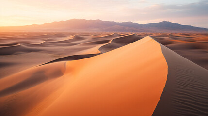 Drone photograph of a vast desert landscape with rolling sand dunes at sunrise.