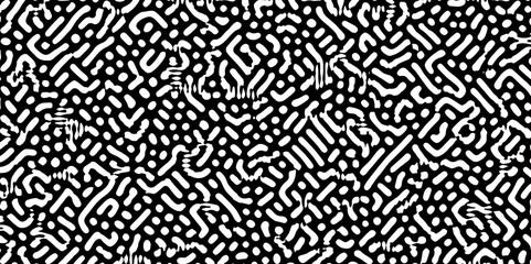 Abstract Turing organic wallpaper with background. Turing reaction diffusion monochrome seamless pattern with chaotic motion. Natural seamless line pattern. Linear design with biological shapes.