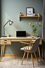 Picture your work haven in a modern Scandinavian home office, featuring a cozy wooden writing desk and chair against a serene grey wall. 