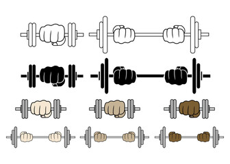hand holding dumbbell. Fitness workout. Barbell and strong hand fist. Powerlifting. icons