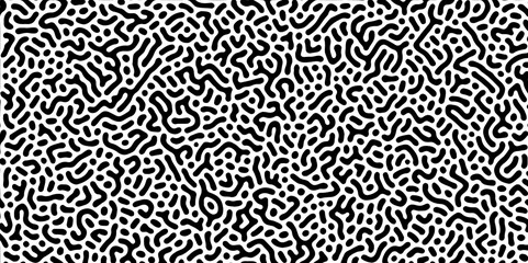 Abstract Turing organic wallpaper with background. Turing reaction diffusion monochrome seamless pattern with chaotic motion. Natural seamless line pattern. Linear design with biological shapes. - obrazy, fototapety, plakaty