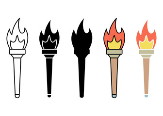 Medieval torches with burning fire. icon set minimalist style. graphic vectors illustration