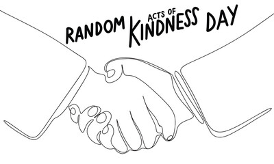 Random acts of Kindness Day banner. Handwriting text and line art two handshake. Hand drawn vector art.