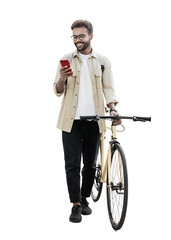 Fototapeta na wymiar Young handsome man with bike and smartphone isolated transparent PNG, Full length portrait of smiling student man with bicycle looking at mobile phone, Lifestyle, travel, casual business concept