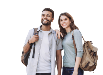 Beautiful happy couple isolated transparent PNG. Young joyful smiling woman and man summer portrait. Love, travel, tourism, students lifestyle concept