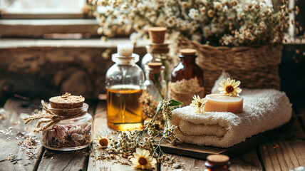 Dry flowers loofah soap bar bottles of essential