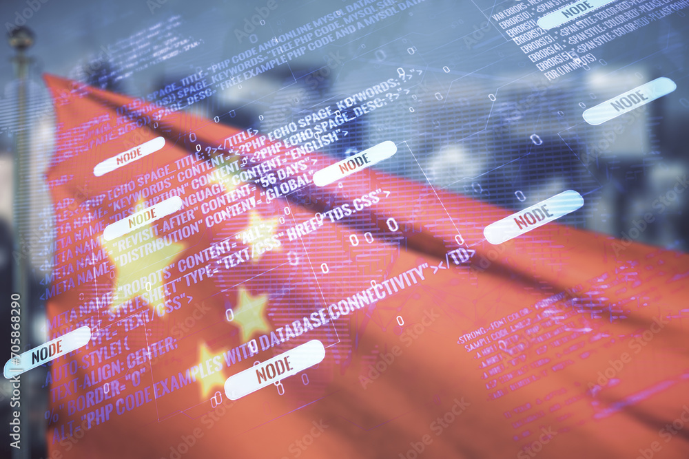 Aufkleber abstract virtual coding illustration and world map on chinese flag and skyline background, internati
