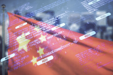 Abstract virtual coding illustration and world map on Chinese flag and skyline background,...