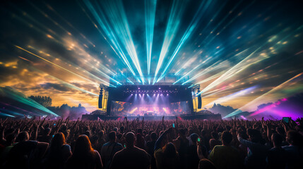 A music festival with a brightly lit stage, Ai generated image. - obrazy, fototapety, plakaty