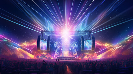 A music festival with a brightly lit stage, Ai generated image. - obrazy, fototapety, plakaty