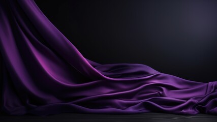 Minimalist black stage with flowing royal purple silk drapes in background, Premium showcase mockup template for Beauty, Cosmetic, Luxury products, with copy space for text